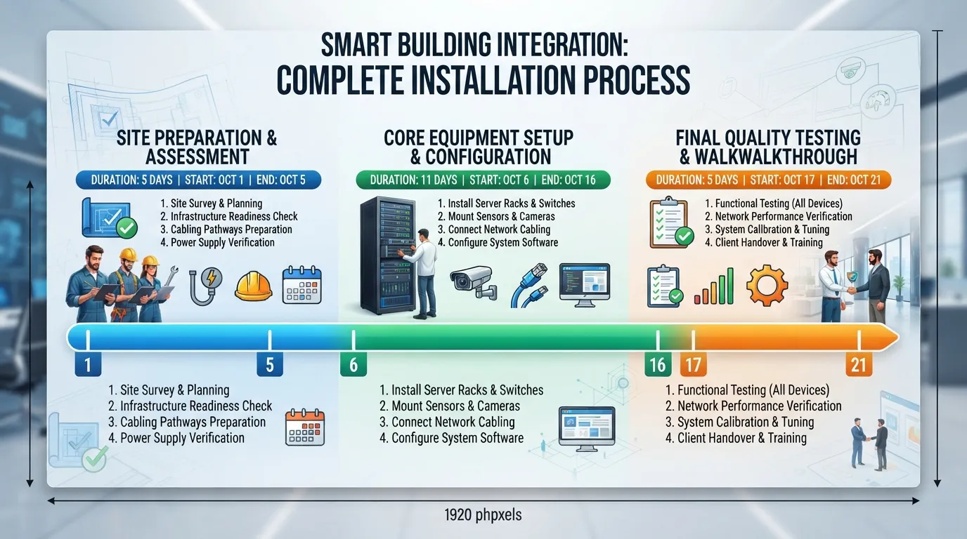 Infographic flowchart showing a step-by-step installation timeline with estimated hours and days for preparation, setup, and final inspection.