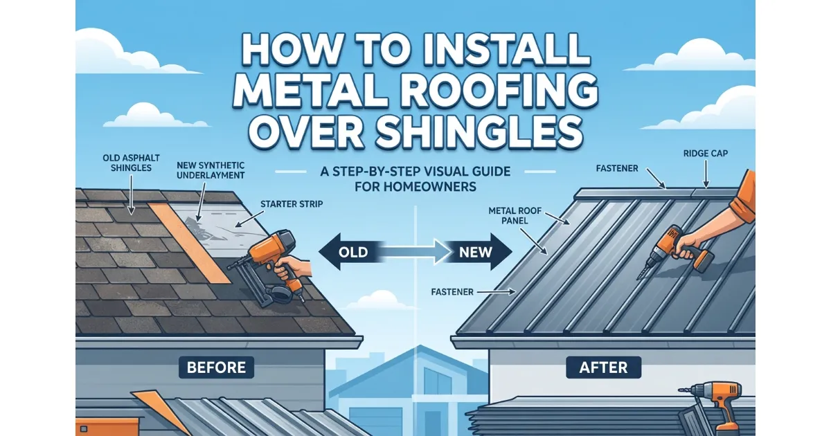 Infographic guide showing how to install metal roofing over existing asphalt shingles, illustrating the 'Before' (shingles) and 'After' (metal panels) states with labeled components.