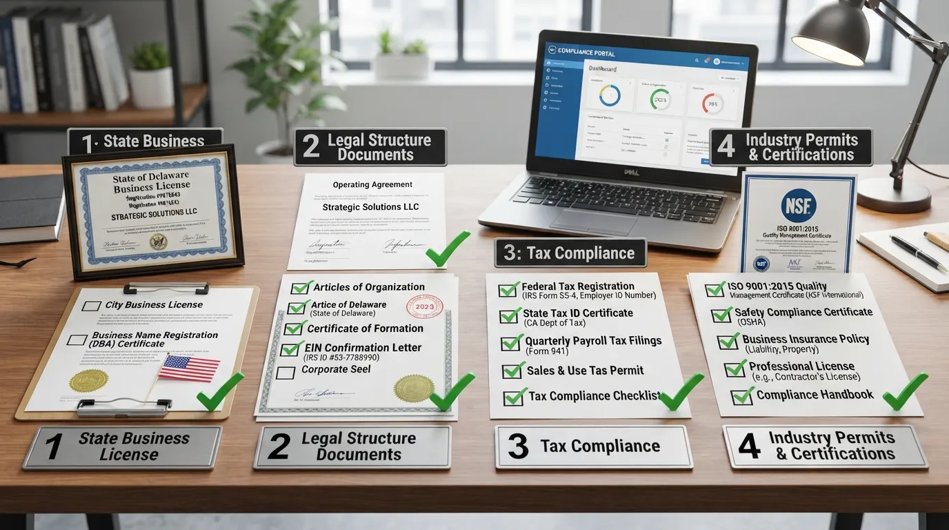 A clean flat-lay desk setup featuring official business license documents, corporate compliance certification stamps, a pen, and a legal contract representing proper legal setup.