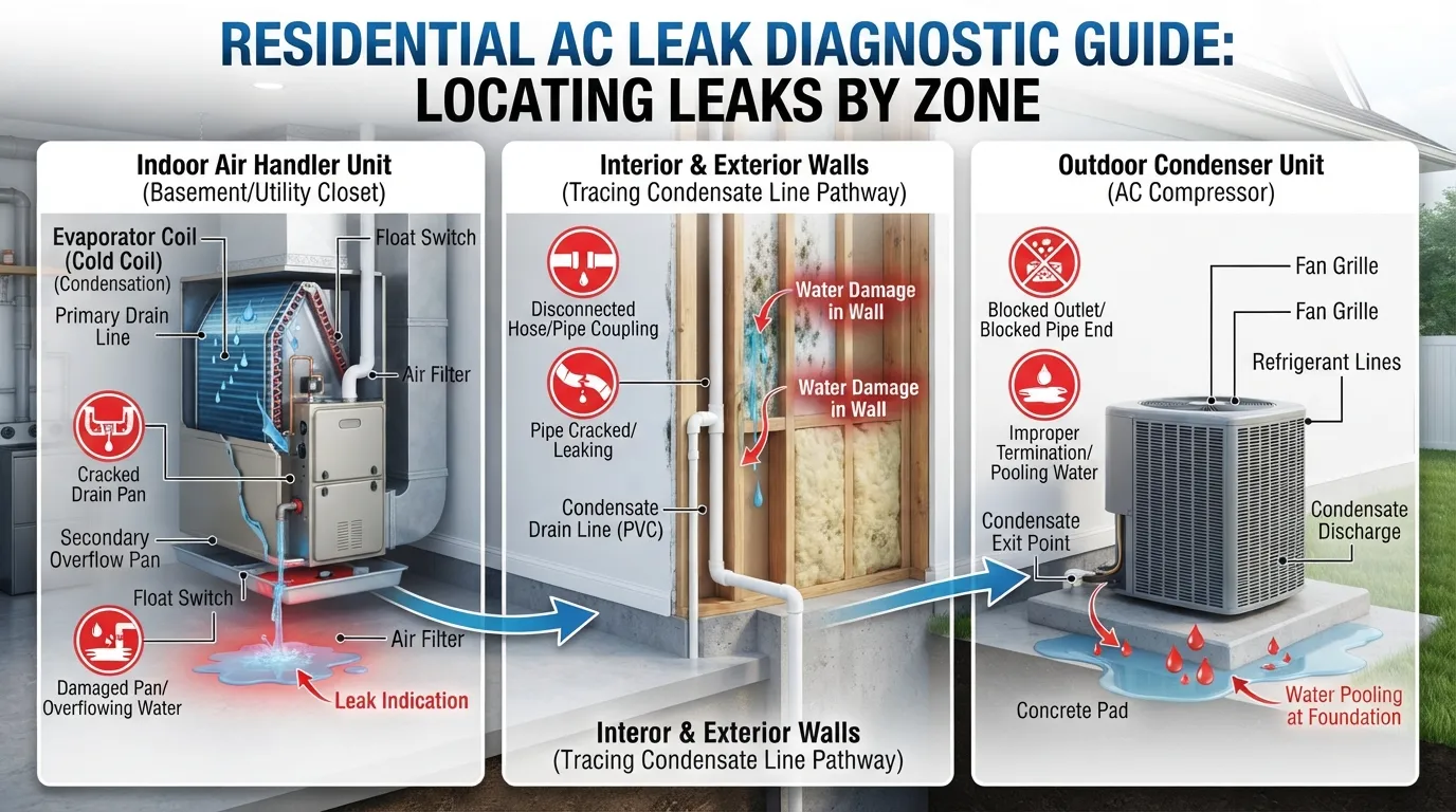 A technician or homeowner inspecting common indoor and outdoor AC leak locations, such as the indoor evaporator coil unit and outdoor drain line.