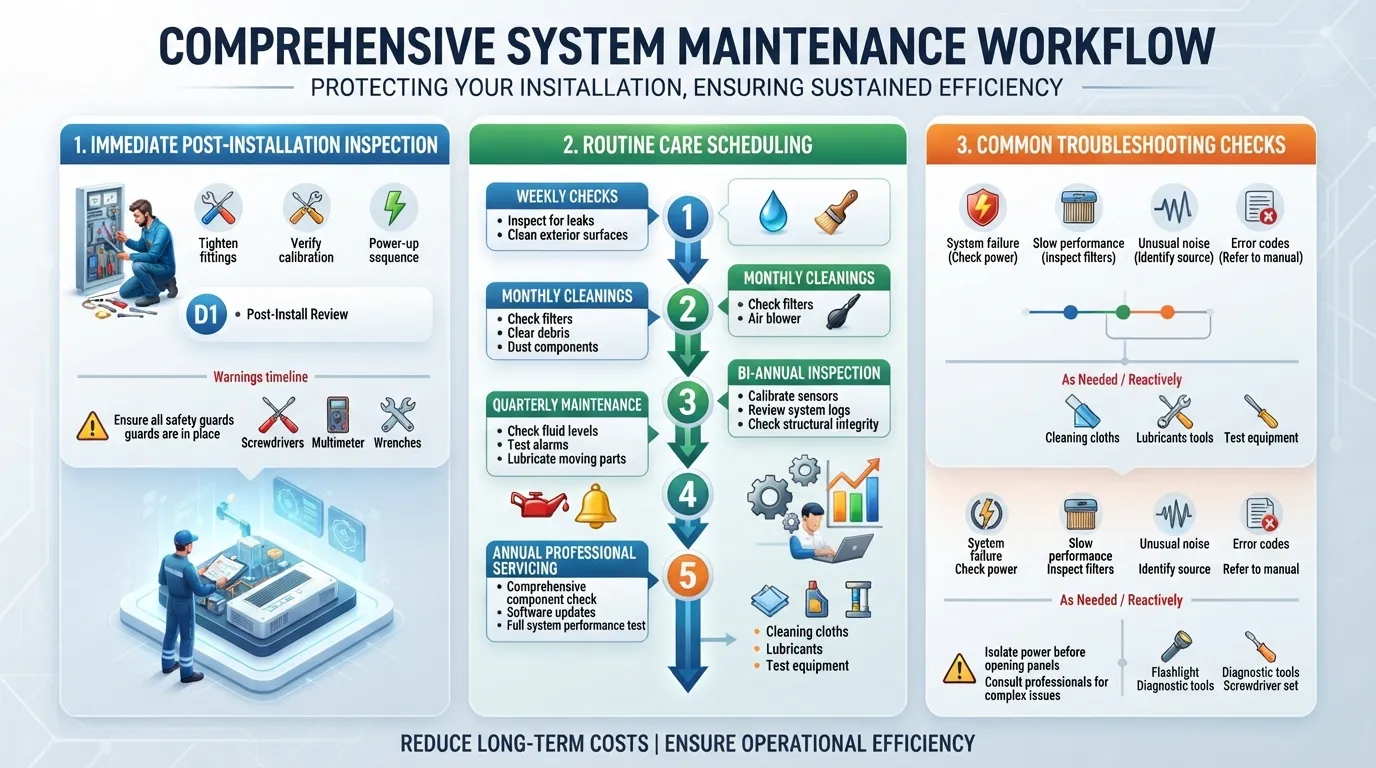 A detailed infographic and checklist showing step-by-step maintenance tasks required immediately after installation to ensure longevity and optimal performance.