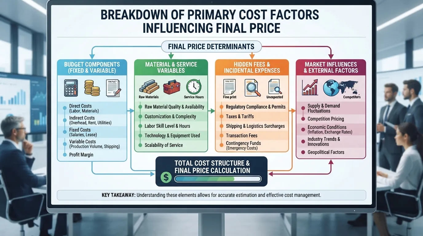 Infographic showing major cost factors, budget elements, and financial variables that influence the final price.