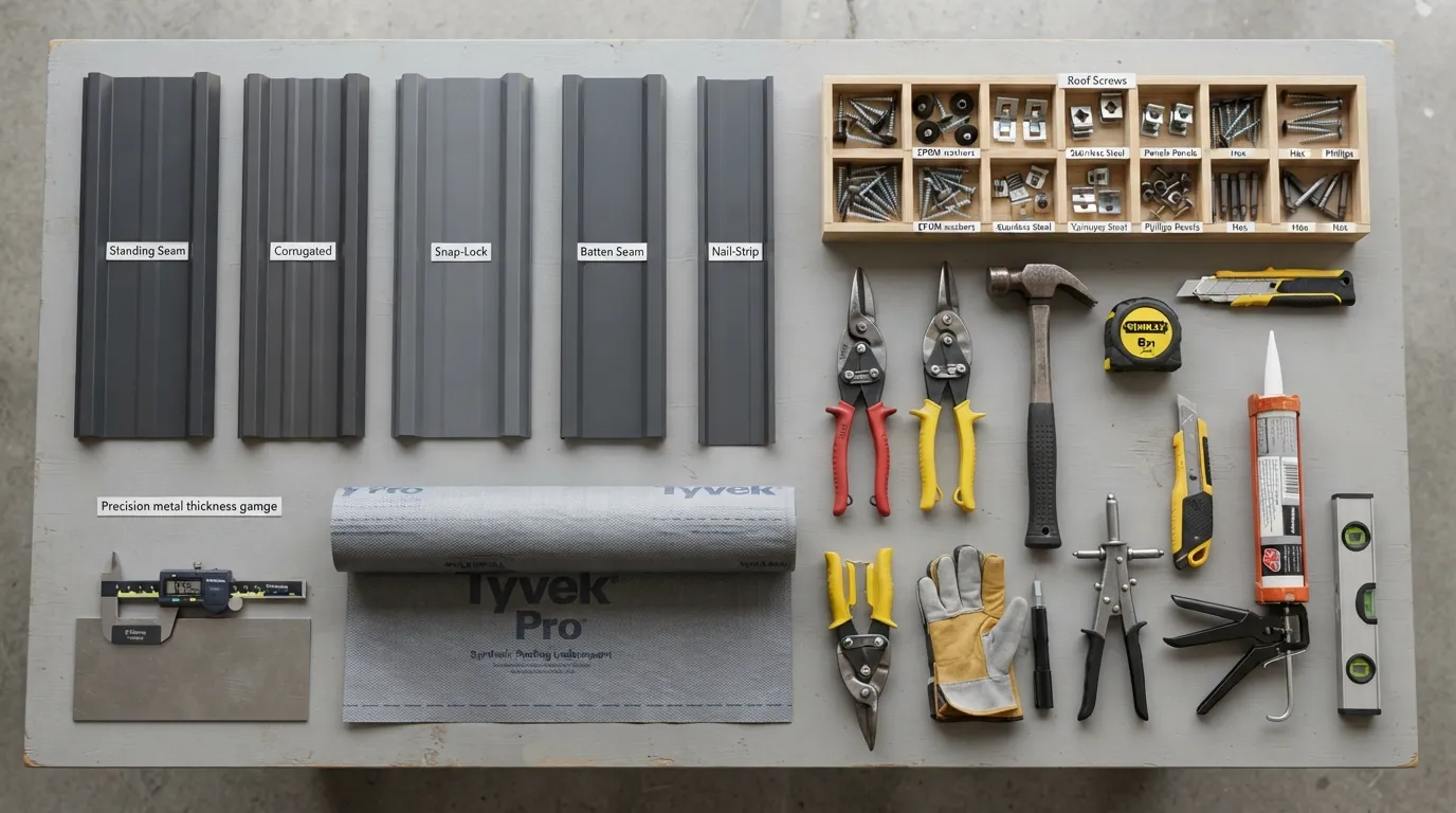 Flat lay of essential roofing or siding materials, including metal panels, a measurement gauge, underlayment rolls, fasteners, and installation tools.