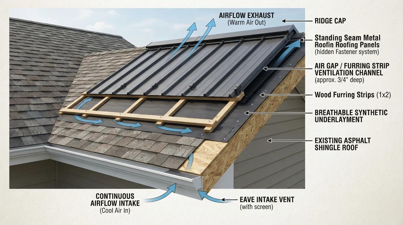 Cross-section diagram illustrating ventilation layers and condensation control when installing a metal roof directly over existing asphalt shingles.
