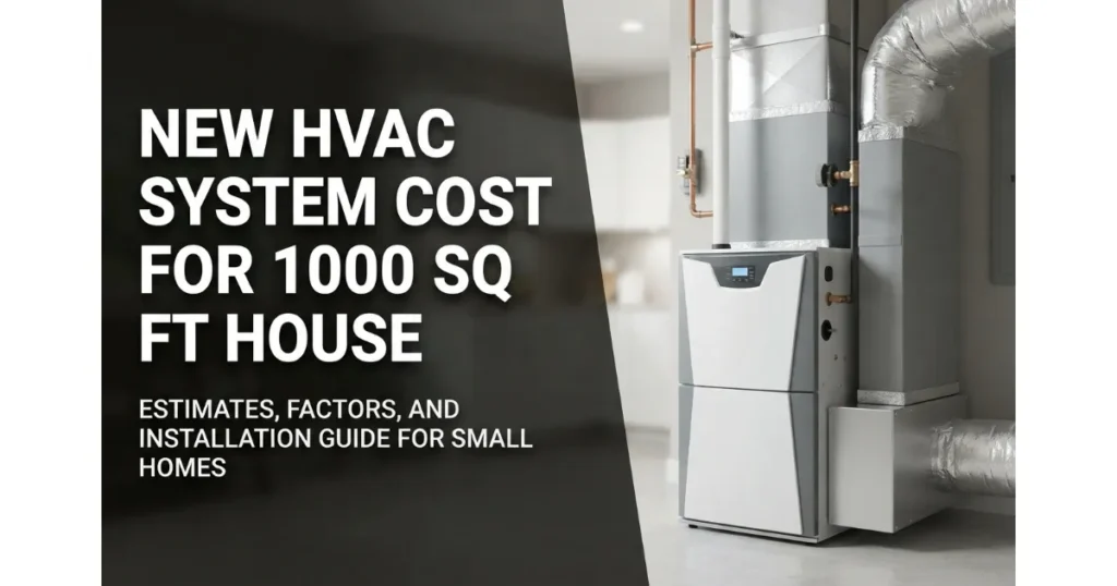 A modern residential HVAC system unit installed in a utility area with large bold text overlay on the left