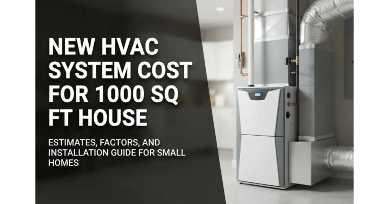A modern residential HVAC system unit installed in a utility area with large bold text overlay on the left