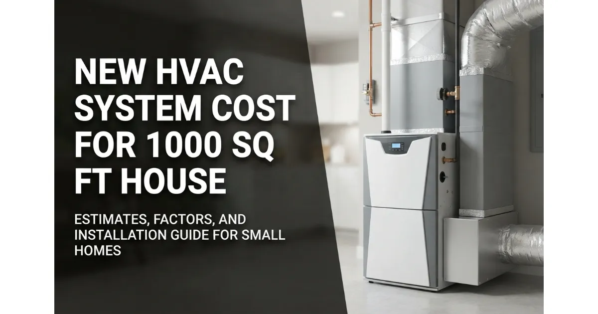 A modern residential HVAC system unit installed in a utility area with large bold text overlay on the left