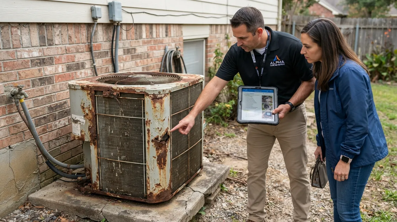 Home inspector reviewing an outdated and malfunctioning HVAC unit during a pre-listing home evaluation, highlighting potential property devaluation.