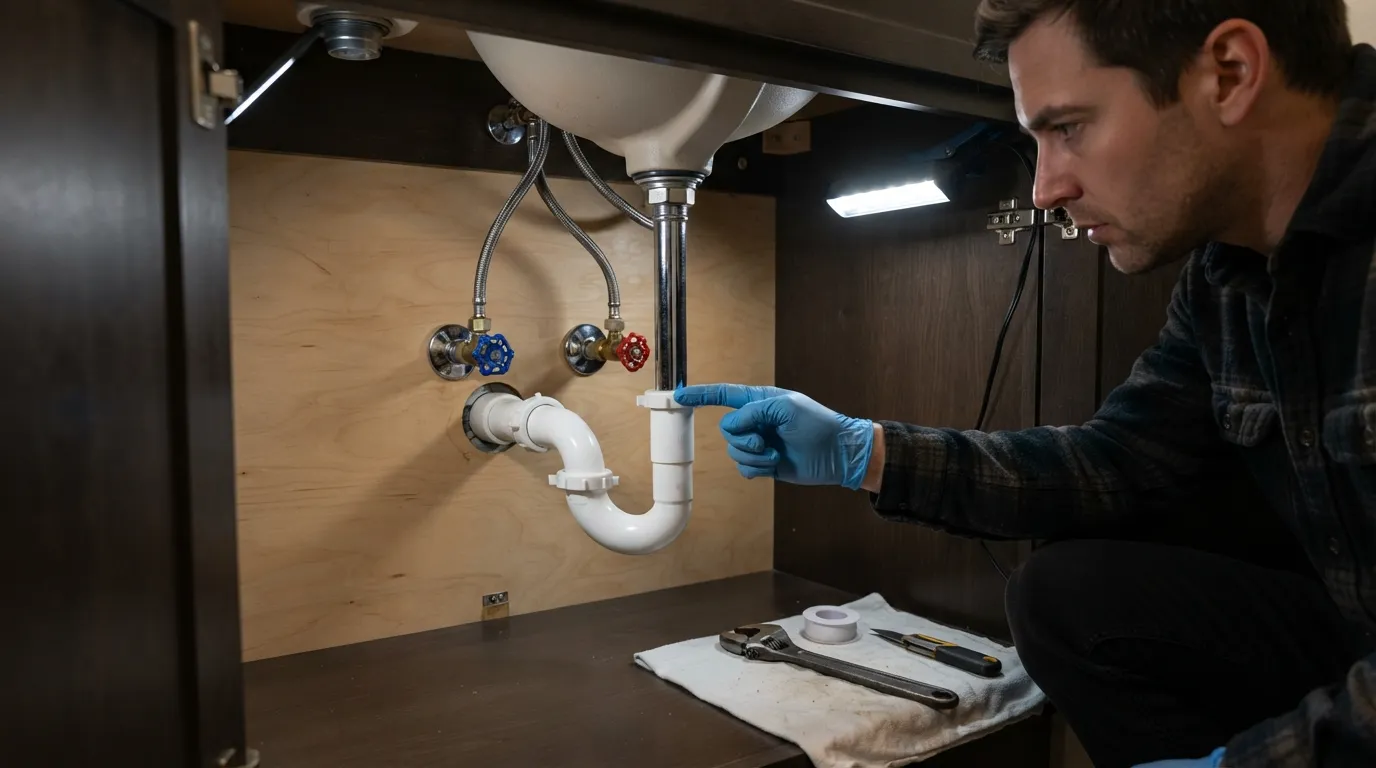 Close-up of a DIYer inspecting under-sink plumbing connections, holding a wrench near the P-trap and supply lines before starting a sink installation.