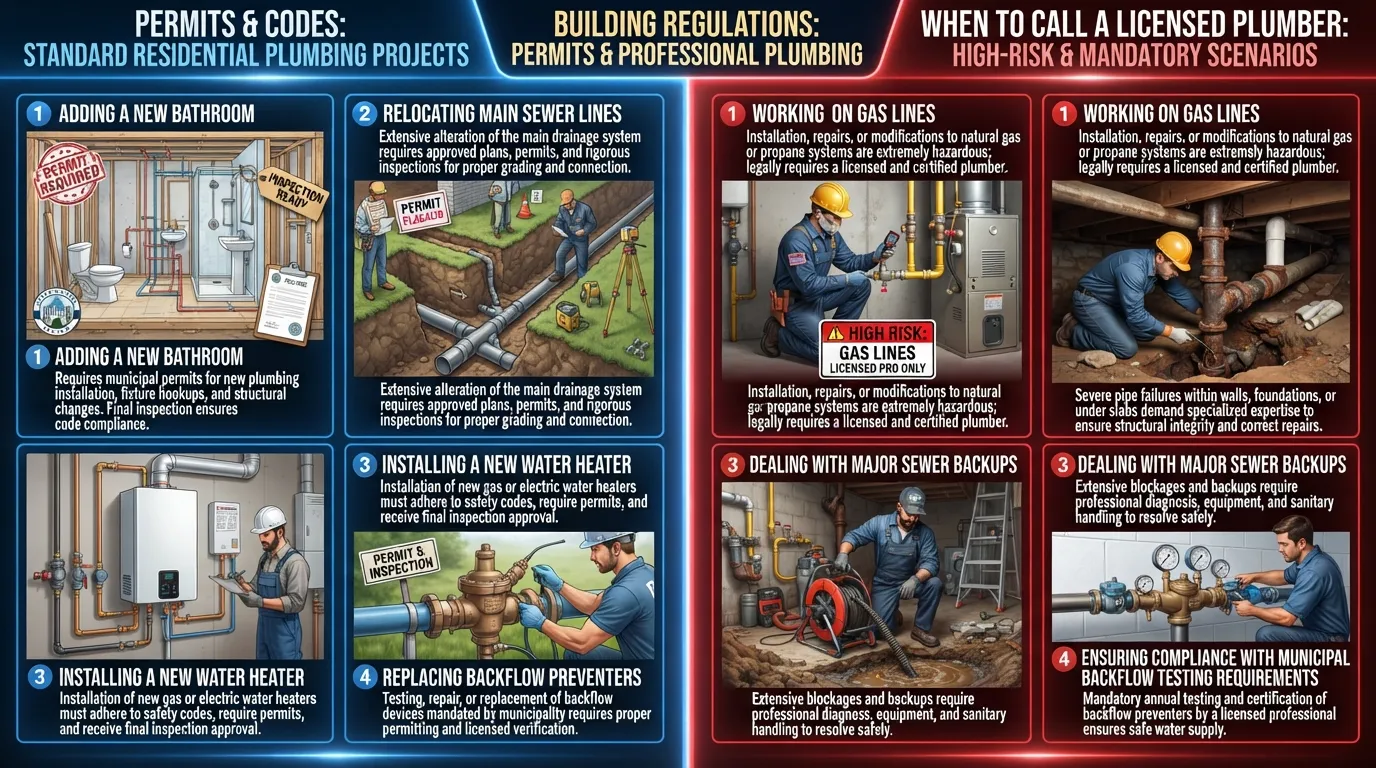 A detailed infographic flowchart comparing DIY plumbing repairs that require building permits and inspections versus complex plumbing jobs that legally require hiring a licensed professional plumber.