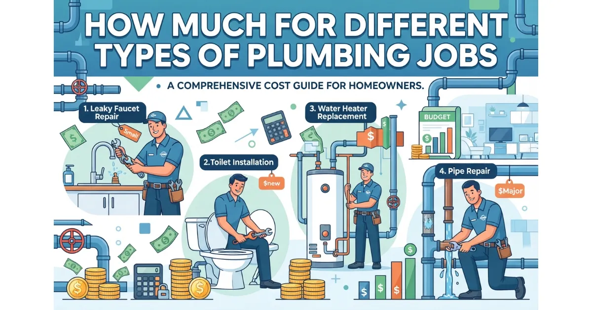 How Much for Different Types of Plumbing Jobs cost guide infographic showing plumbing repairs and pricing