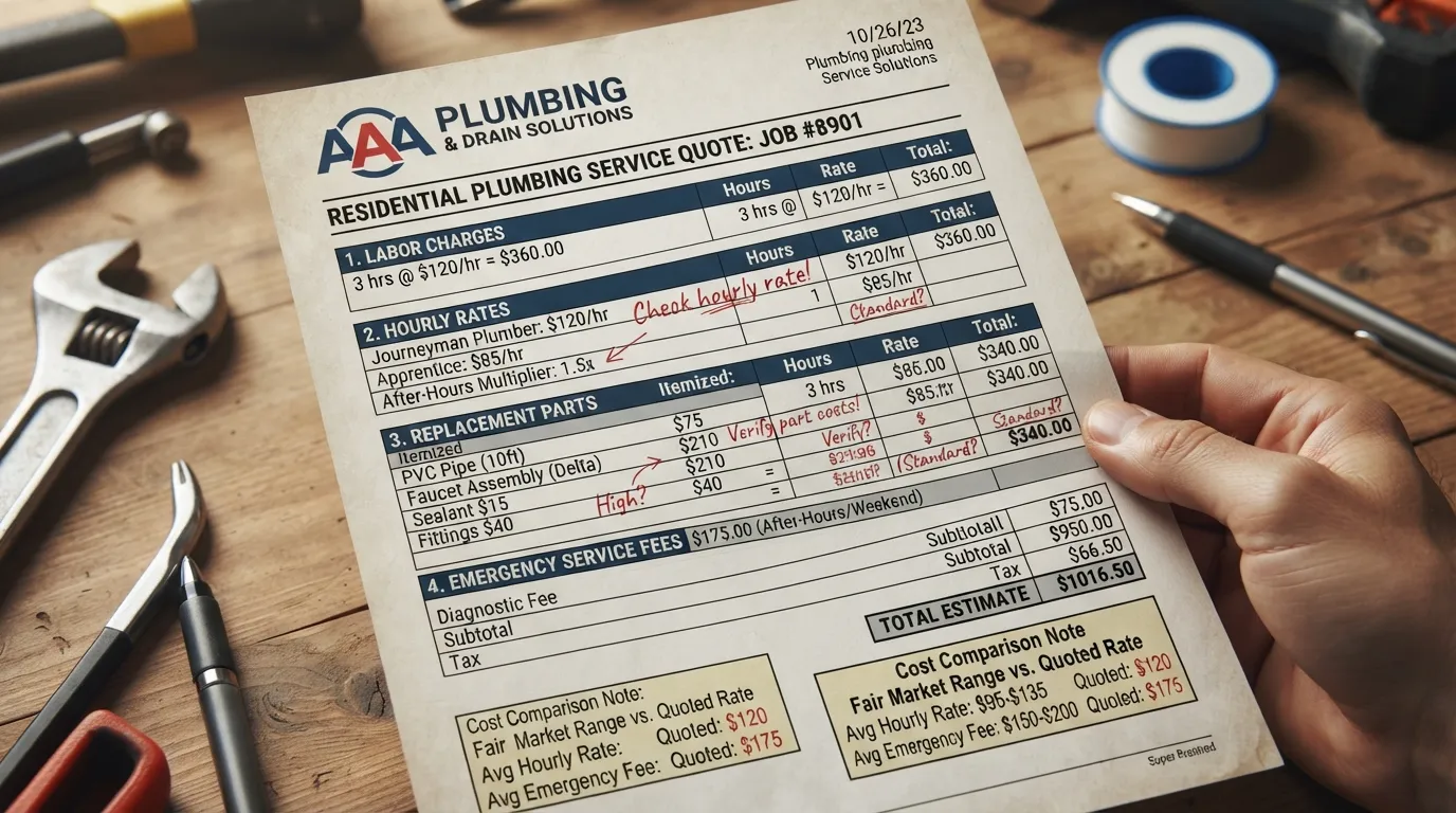 A detailed plumbing service estimate showing labor costs, materials, and parts breakdown to help homeowners check if a quote is fair.