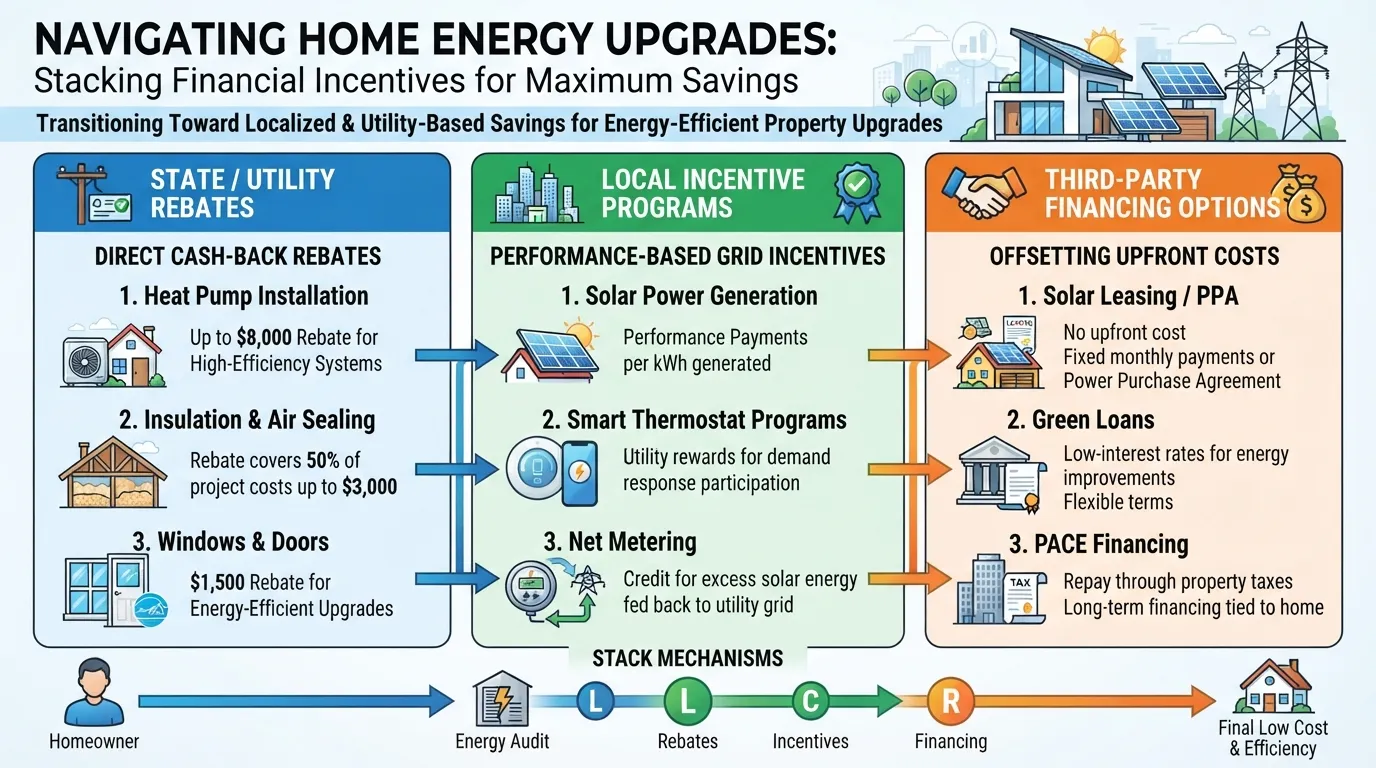 Infographic detailing 2026 clean energy financing pathways, state rebates, and utility incentives for home upgrades.