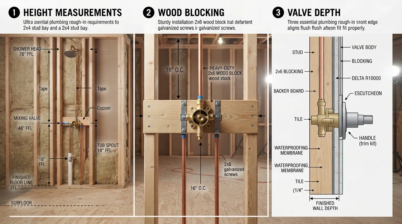 Diagram illustrating plumbing rough-in measurements, showing correct fixture height off the floor, secure wood wall blocking, and precise valve depth relative to the finished wall.