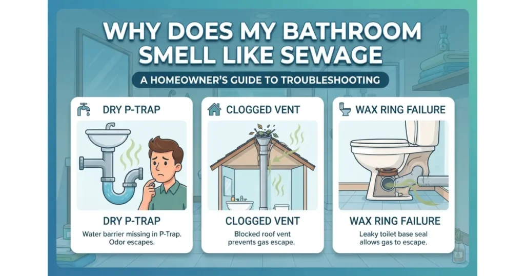 An infographic titled "Why Does My Bathroom Smell Like Sewage" illustrating three main causes: Dry P-Trap, Clogged Vent, and Wax Ring Failure, with a homeowner character.