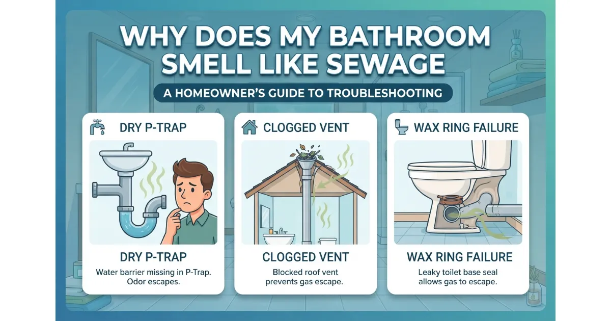 An infographic titled "Why Does My Bathroom Smell Like Sewage" illustrating three main causes: Dry P-Trap, Clogged Vent, and Wax Ring Failure, with a homeowner character.