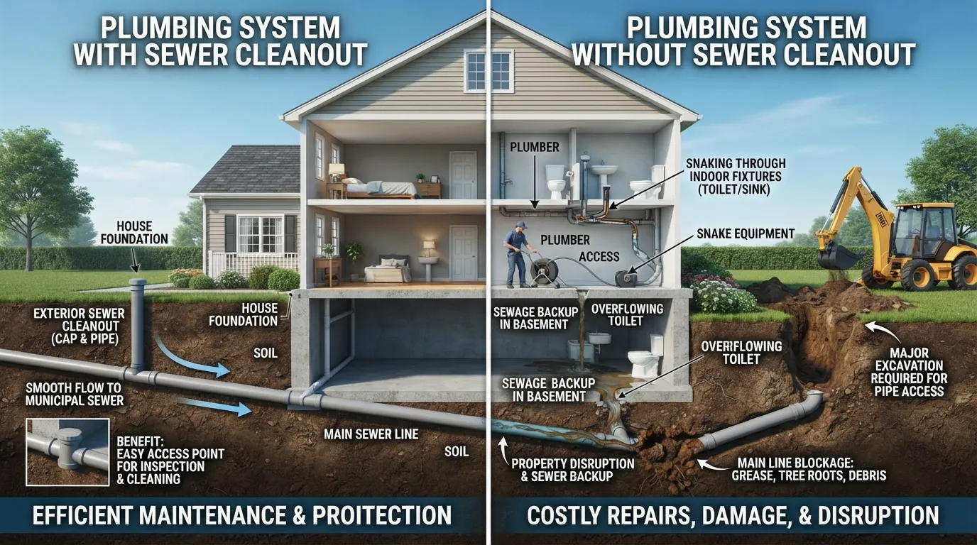 Cross-section diagram illustrating the consequences of a missing sewer cleanout, showing a blocked main drain line with sewage backup and difficult access points for plumbers.