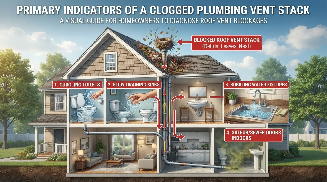 Cross-section diagram of a residential plumbing system highlighting common signs of a clogged roof vent stack, such as slow drains and sewer odors.