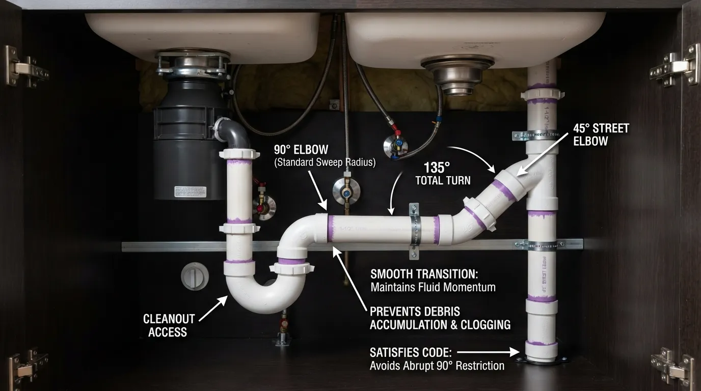 Close-up photo of PVC drain pipes under a sink showing a combination of a 90-degree and 45-degree fitting totaling a 135-degree change in direction to maintain smooth wastewater flow.