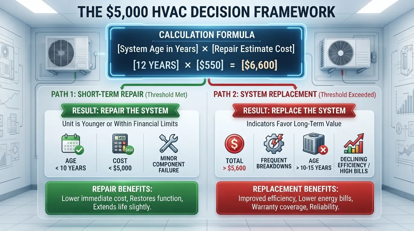 Infographic explaining the $5,000 HVAC rule, showing how to calculate system age and repair costs to decide whether to repair or replace a home heating and cooling unit.