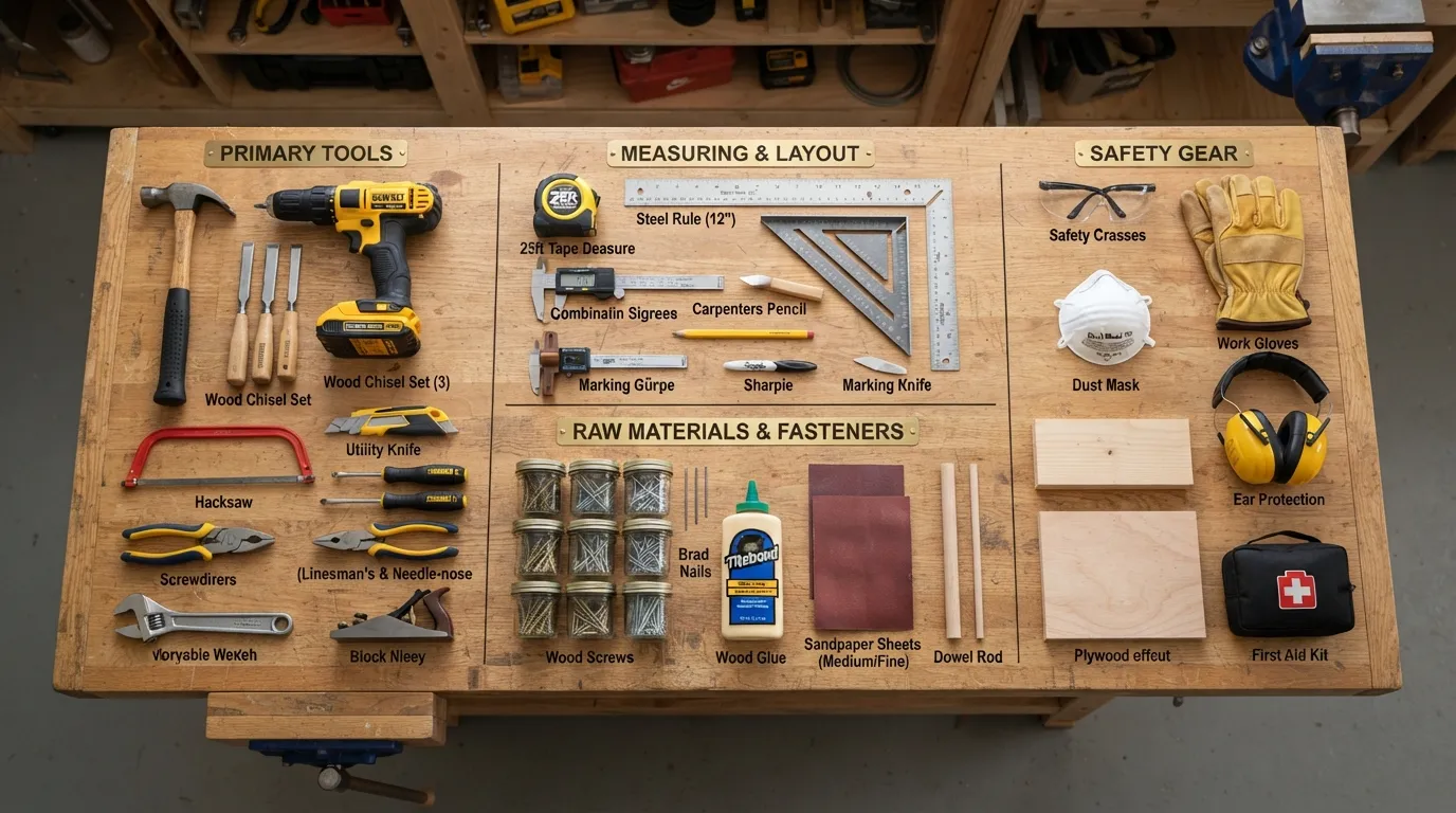 Flat lay checklist of essential tools and materials organized neatly on a workspace table before starting a project.