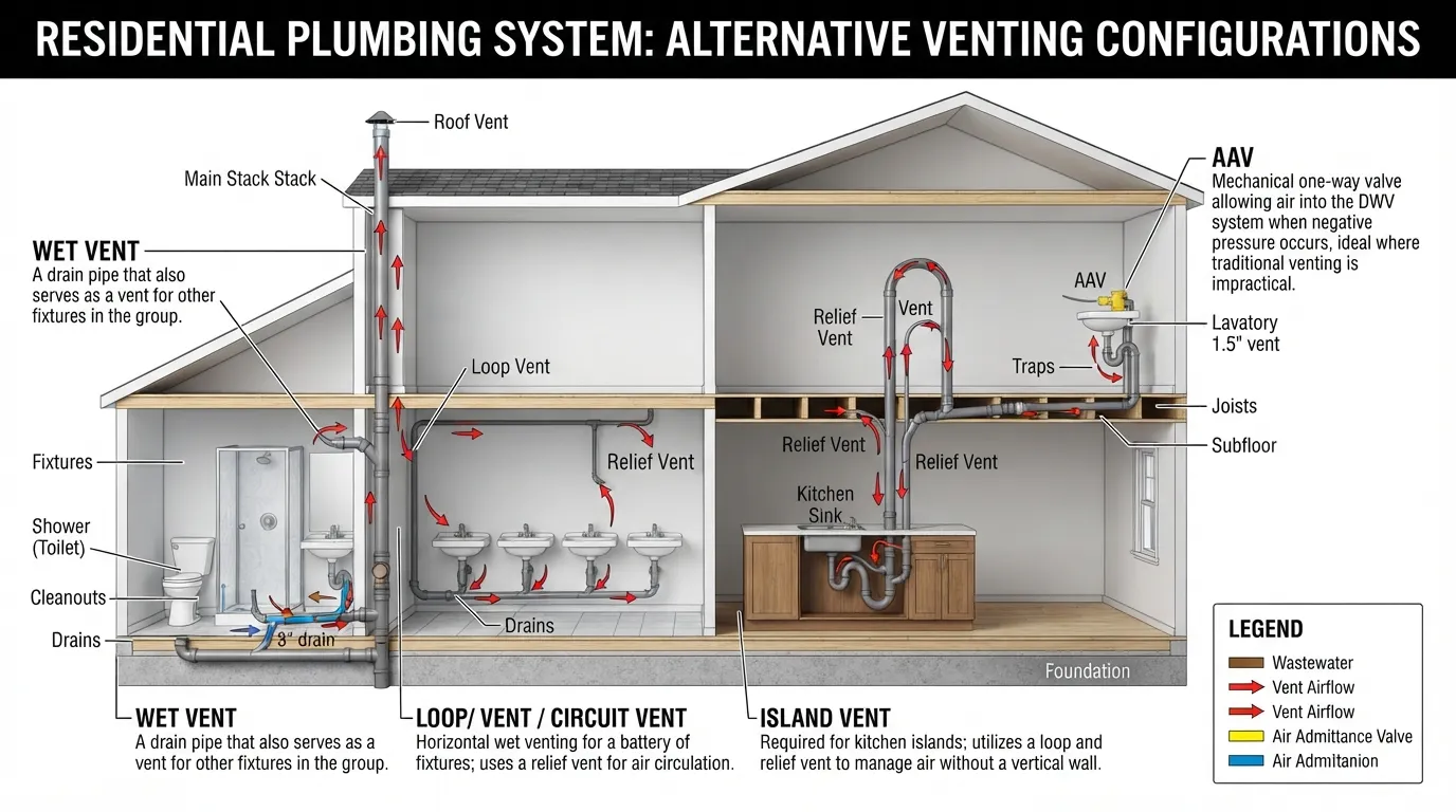 Diagram illustrating various types of plumbing vents beyond the main stack, including wet vents, loop vents, and island vents in a residential plumbing system.