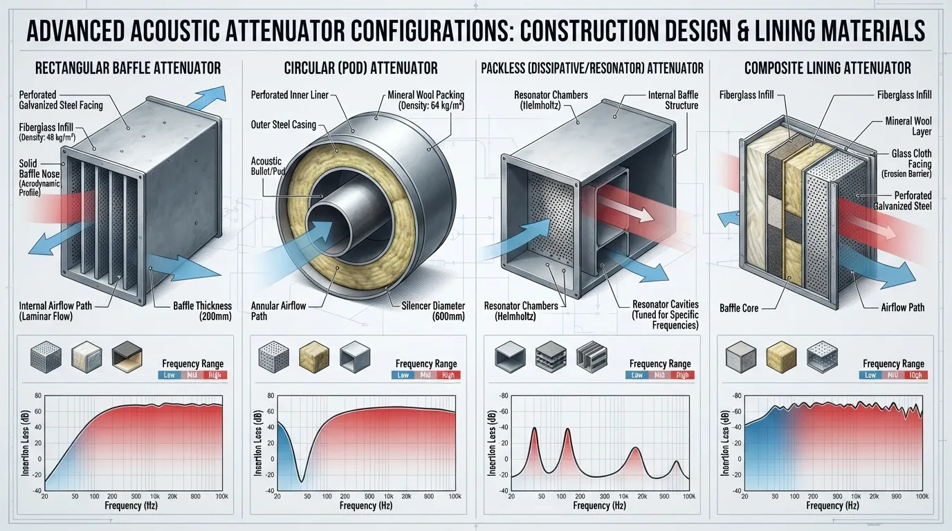 Cross-section diagram comparing different types of sound attenuators categorized by their construction type and acoustic lining materials.