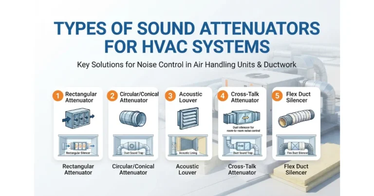 A visual guide illustrating the 5 main types of HVAC sound attenuators: Rectangular, Circular, Acoustic Louver, Cross-Talk, and Flex Duct Silencers, along with their internal components for noise control.