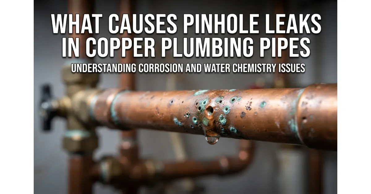Macro close-up of a copper pipe with visible corrosion pitting and pinhole leaks, showing a water droplet forming.