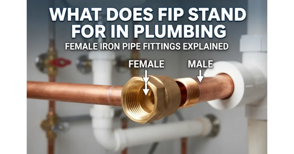 A close-up plumbing diagram showing a brass Female Iron Pipe (FIP) fitting with internal threads and an adjacent Male Iron Pipe (MIP) fitting with external threads, illustrating their connection.
