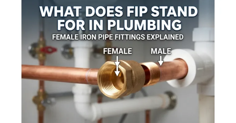 A close-up plumbing diagram showing a brass Female Iron Pipe (FIP) fitting with internal threads and an adjacent Male Iron Pipe (MIP) fitting with external threads, illustrating their connection.