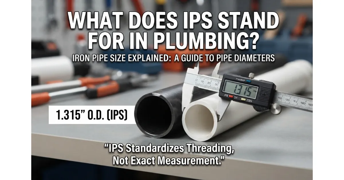 A professional digital caliper measuring the outside diameter of a black steel pipe on a workbench, showing the measurement for Iron Pipe Size (IPS).