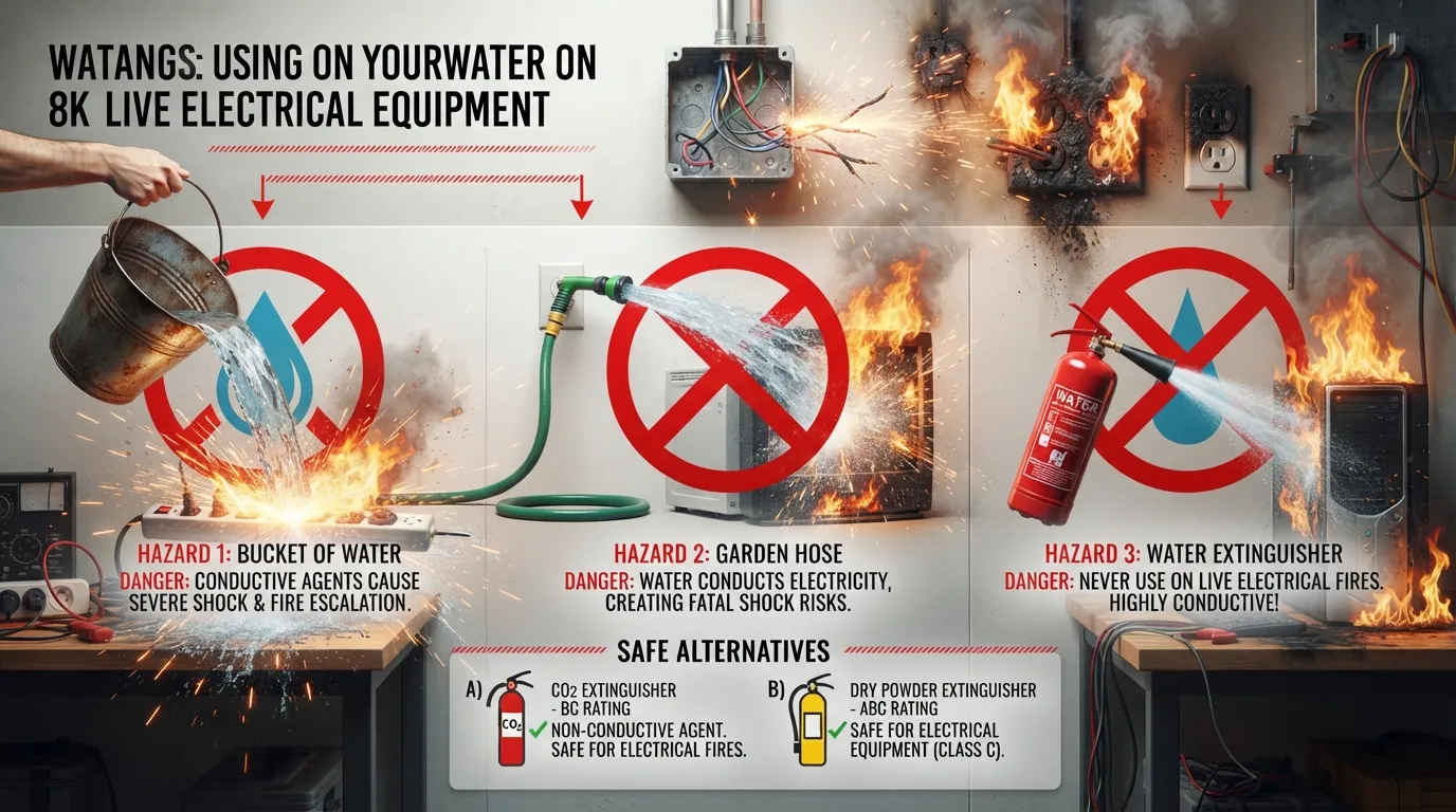 Infographic illustrating what NOT to use on an electrical fire, showing a red "X" over water buckets, standard garden hoses, and foam extinguishers near live electrical outlets.