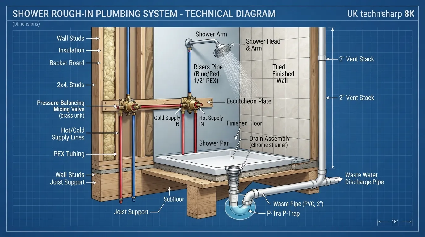A detailed diagram showing the essential plumbing infrastructure required for a shower installation, including the hot and cold water supply lines, mixing valve, shower head pipe, drain trap, and waste pipe.