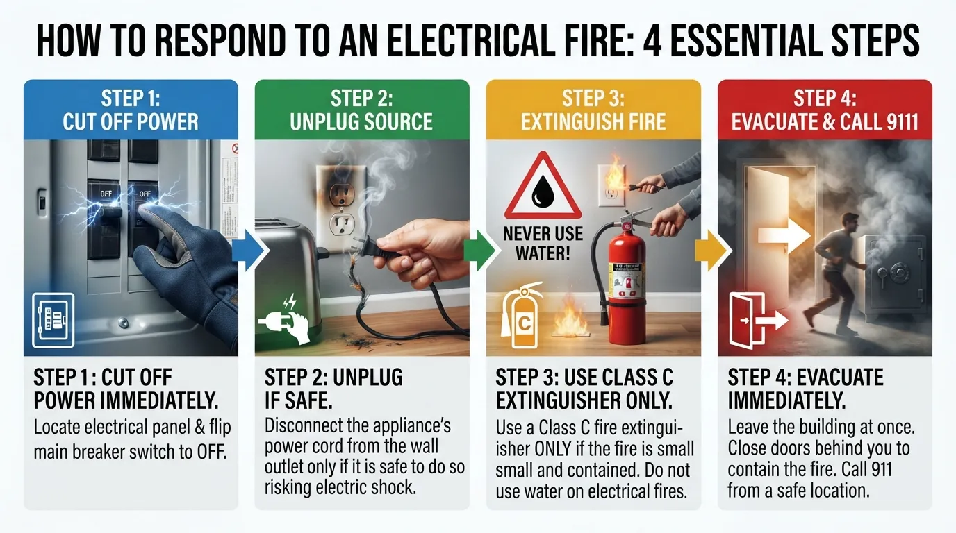 Infographic illustrating emergency steps to take immediately when smelling an electrical fire, including turning off power at the breaker, unplugging appliances, and evacuating safely.