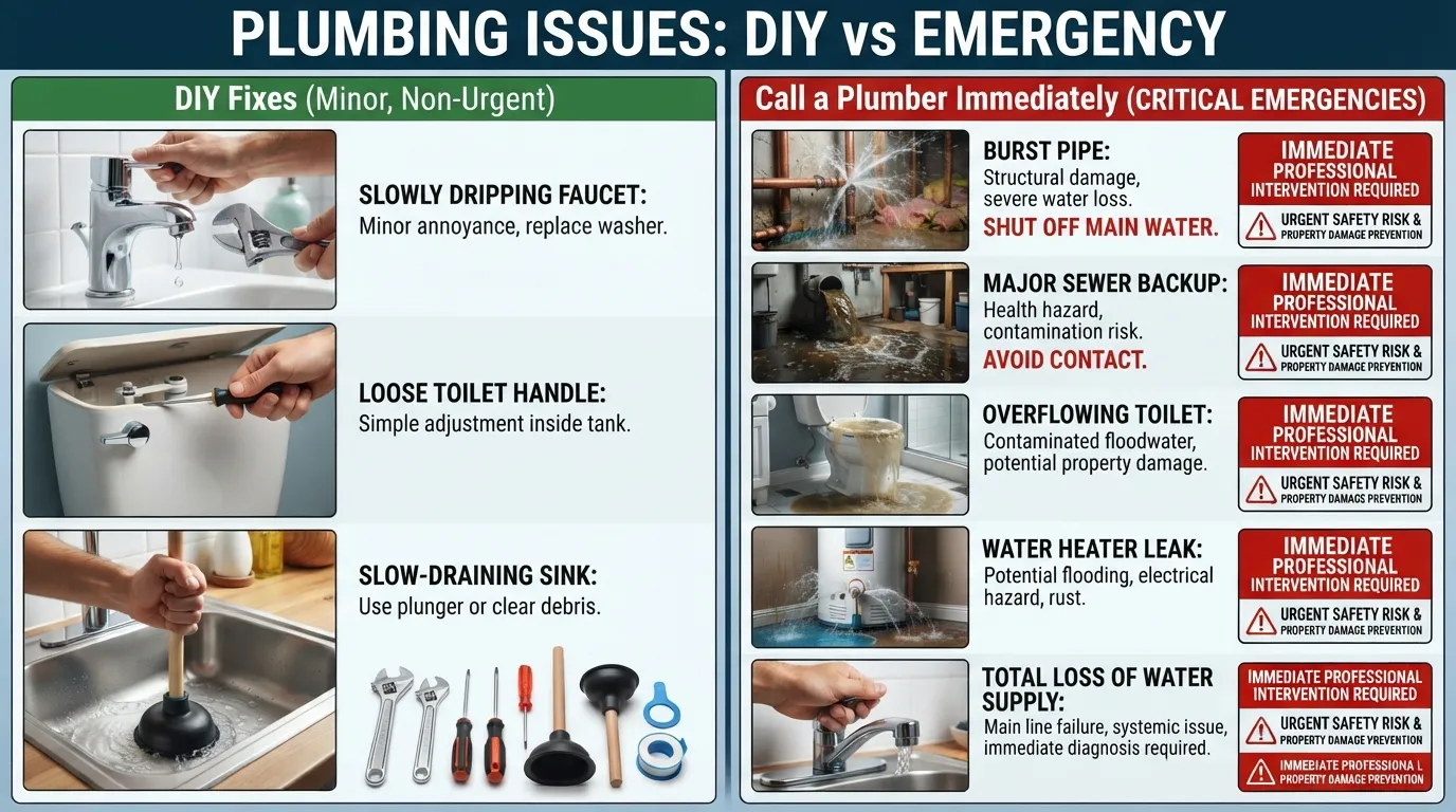 An infographic and checklist showing the differences between minor plumbing issues and major emergencies that require calling a professional plumber.