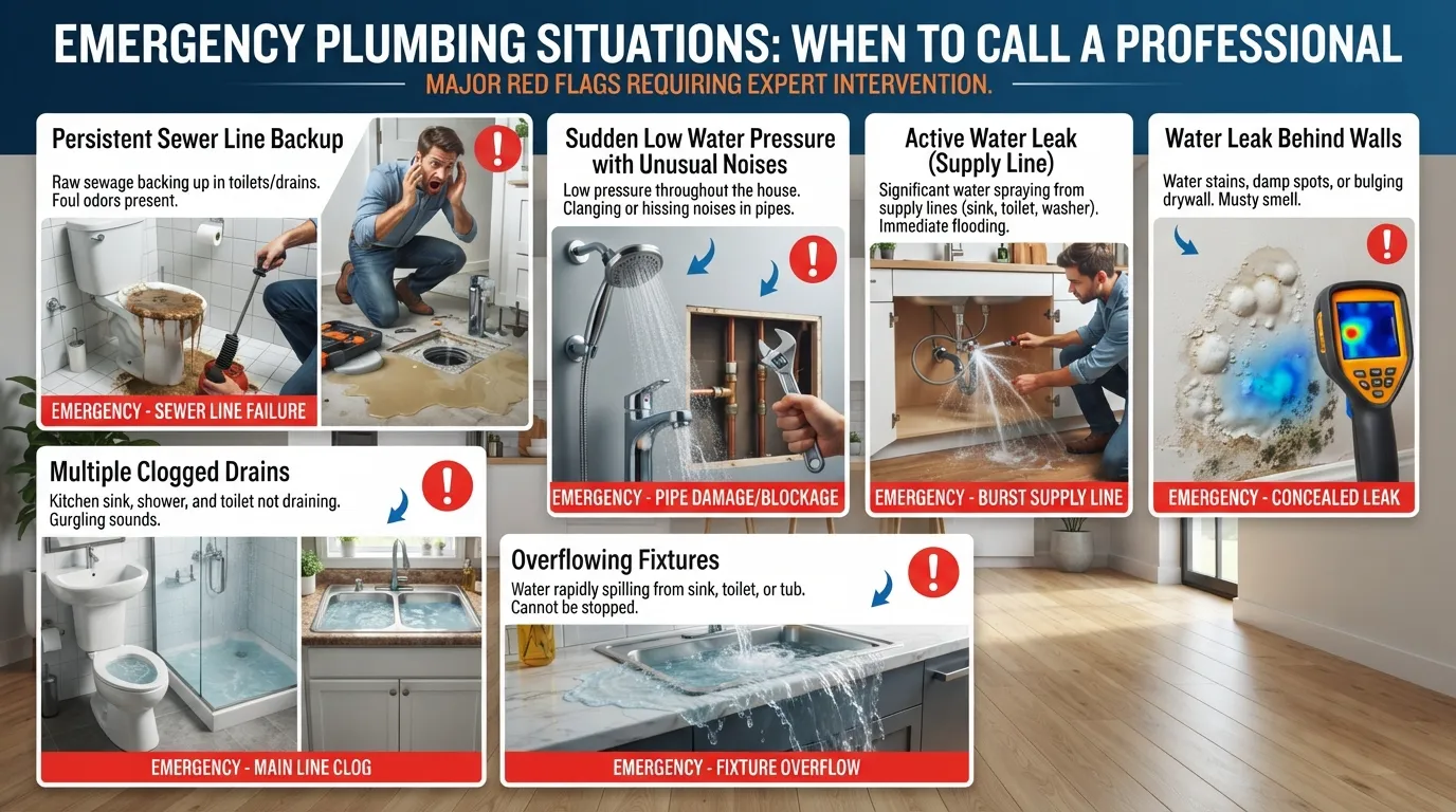 Checklist and infographic showing signs of severe plumbing issues, such as overflowing toilets, burst pipes, and backed-up drains, indicating when to call a professional plumber.