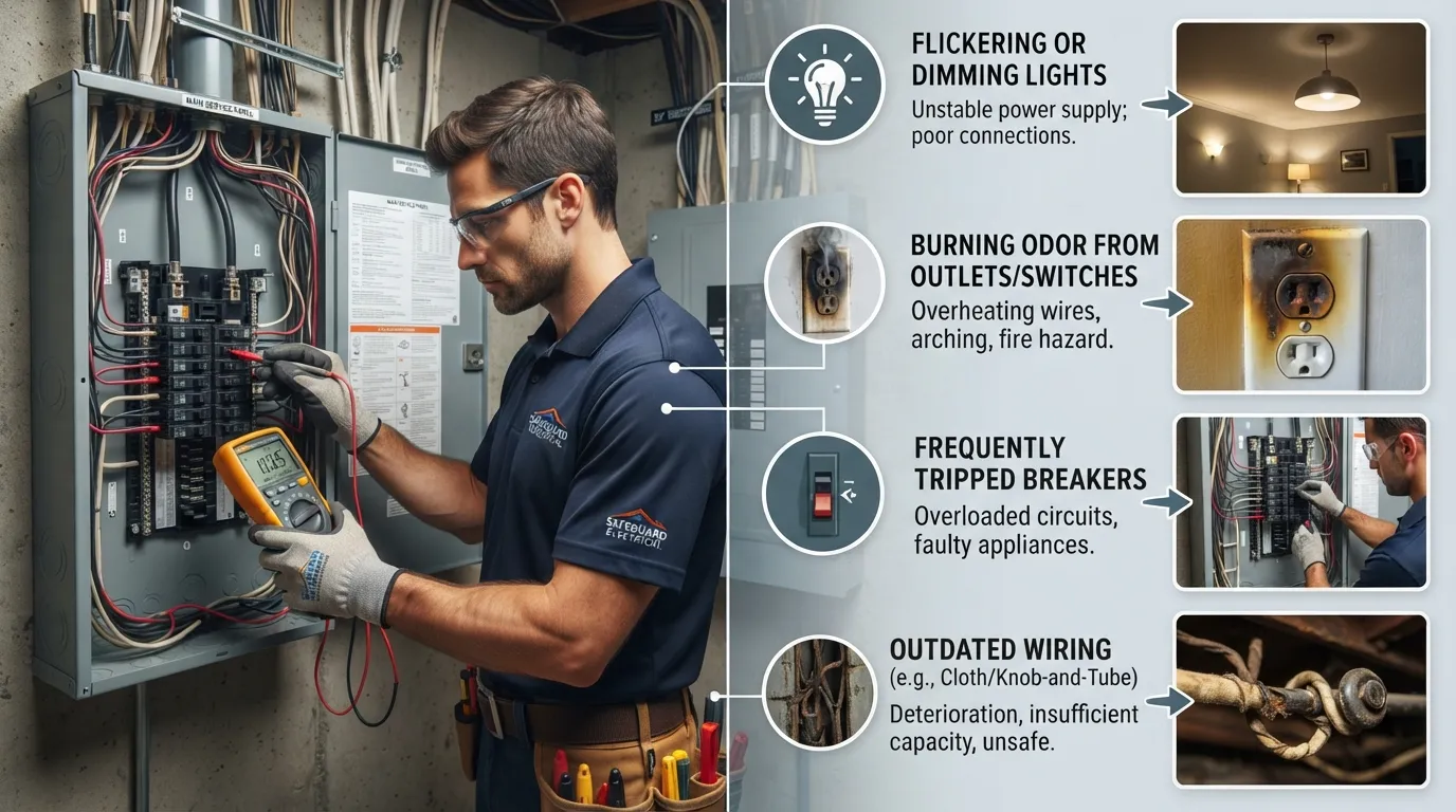 A licensed electrician inspecting a home electrical panel and wiring with diagnostic tools to identify professional repair signs.