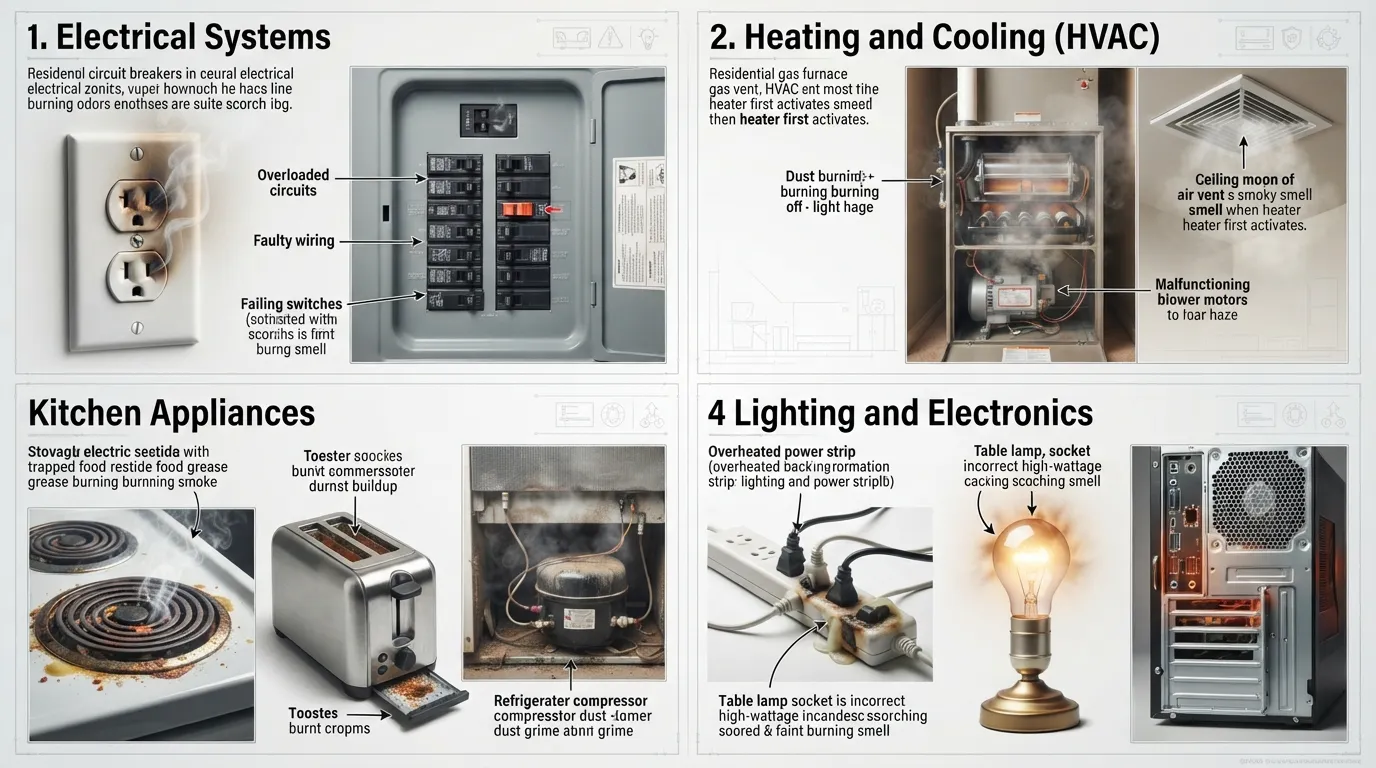 A technician troubleshooting an electrical outlet and a home furnace unit to inspect common sources of mysterious burning smells in a house.