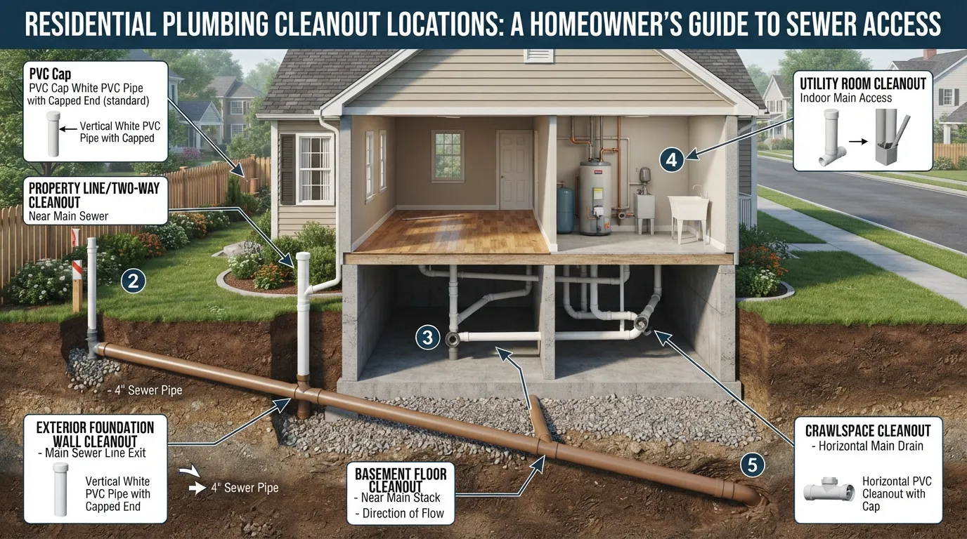 Diagram showing common exterior and interior locations of a residential plumbing cleanout access pipe near a foundation wall.