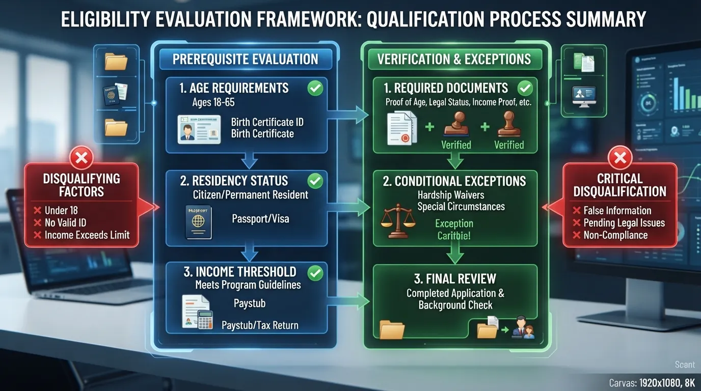 A clean, organized eligibility checklist infographic breaking down who qualifies, detailing key criteria, documentation requirements, and screening steps for approval.