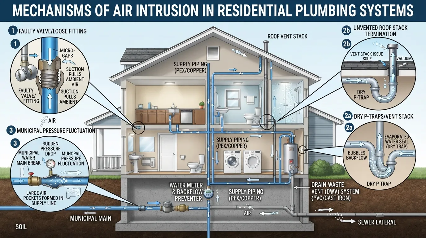 Cross-section diagram illustrating common causes of air entering home plumbing pipes, including damaged seals, high water pressure, and dry P-traps.