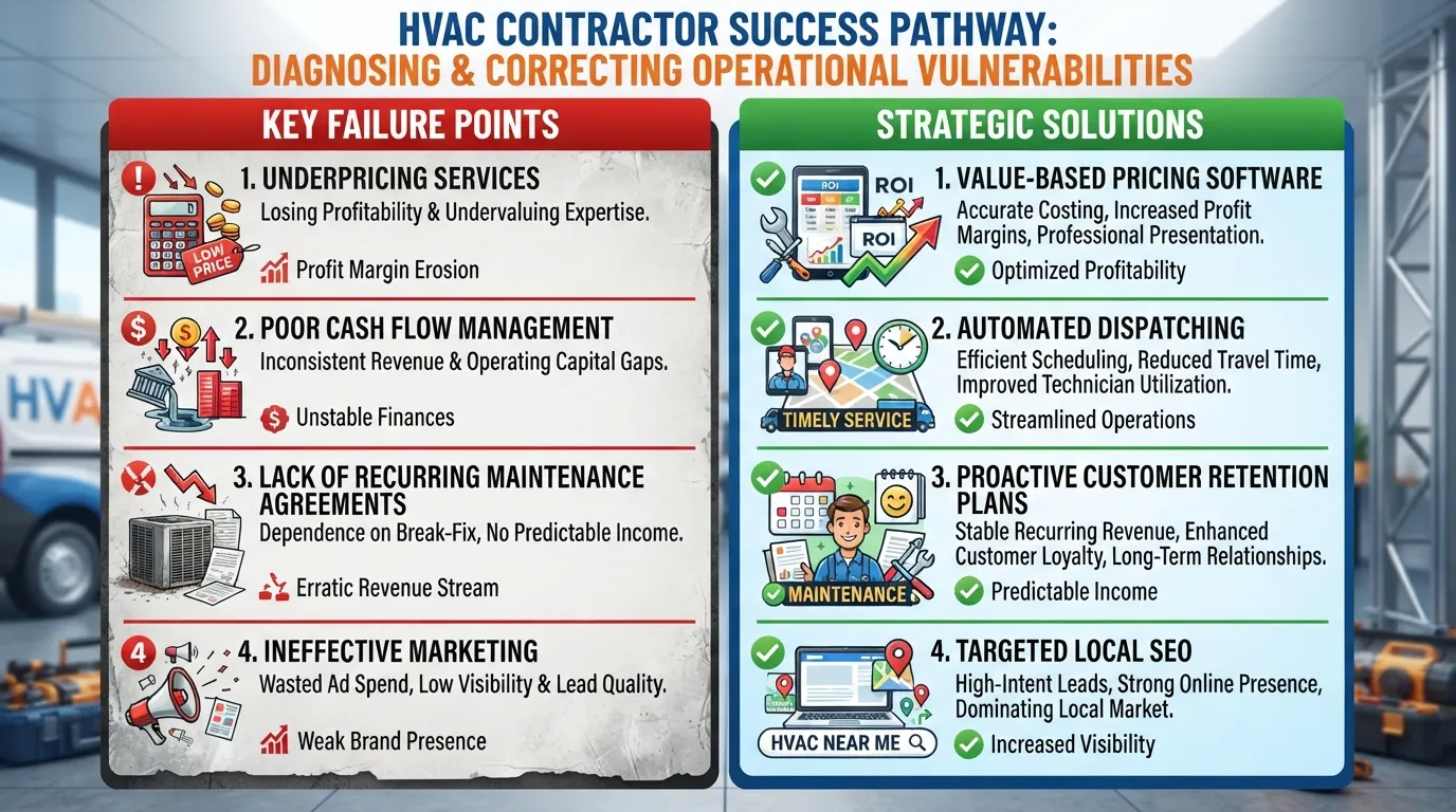 Infographic detailing common reasons HVAC businesses fail, such as poor pricing and cash flow mismanagement, alongside strategic solutions for success.