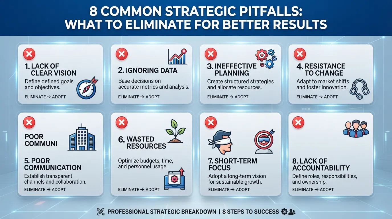 An infographic layout highlighting eight common mistakes with warning icons and a clean checklist design to help users avoid costly errors.