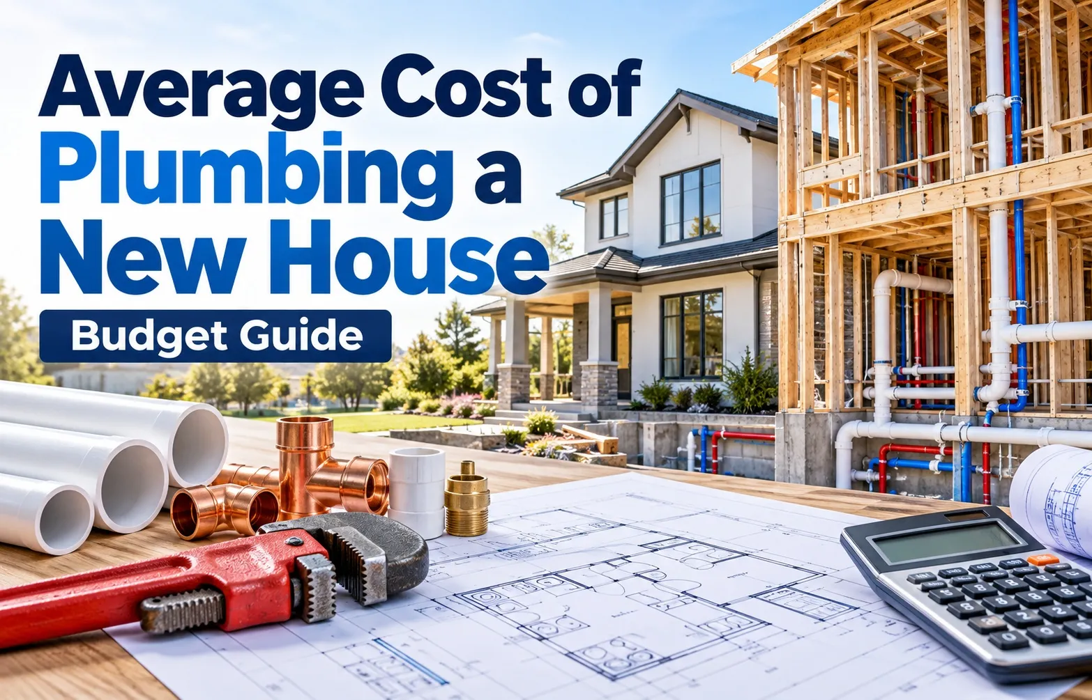 Average cost of plumbing a new house showing residential plumbing installation, PVC and copper pipes, construction blueprints, pipe wrench, and cost calculator