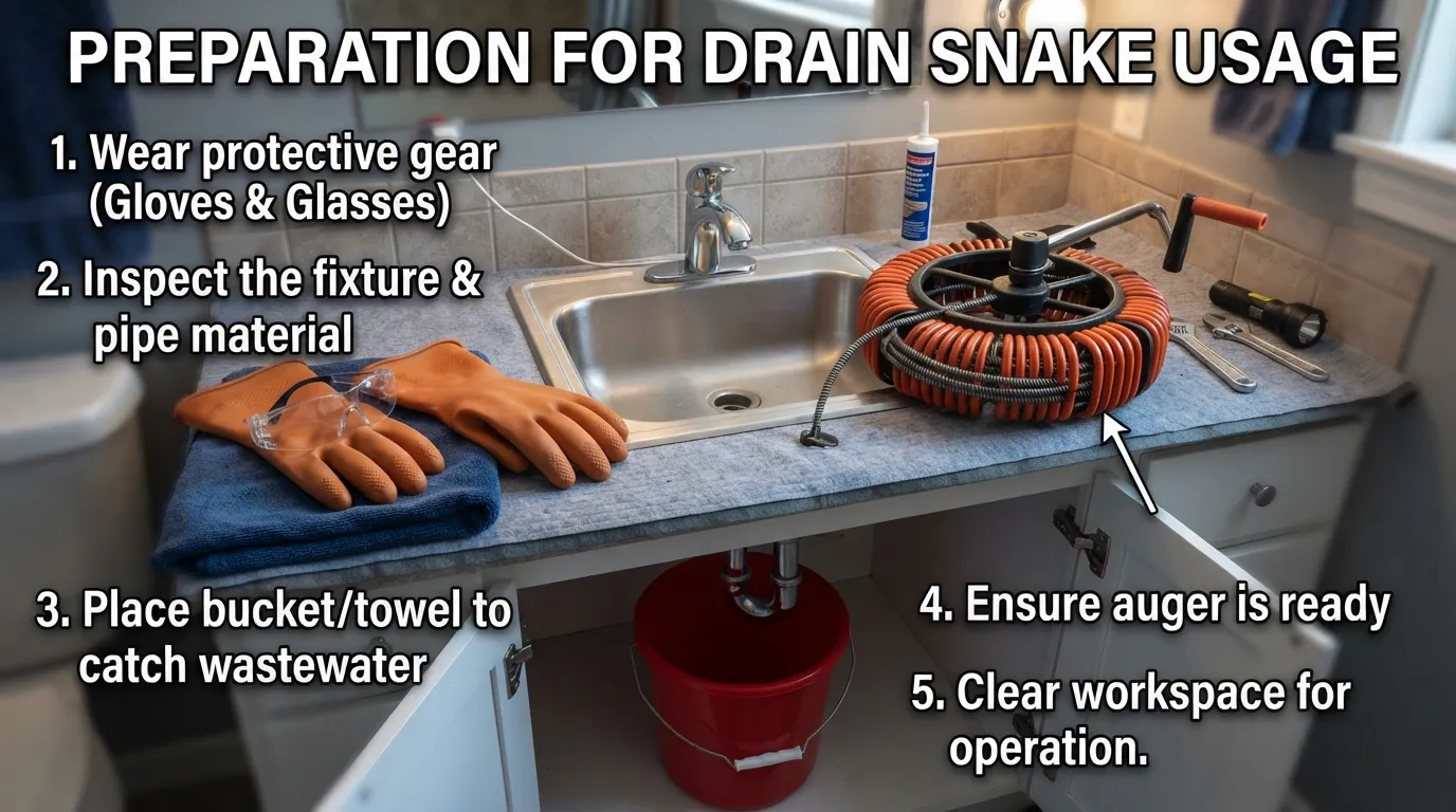 Plumbing preparation steps and safety gear needed before using a drain snake on a clogged pipe.
