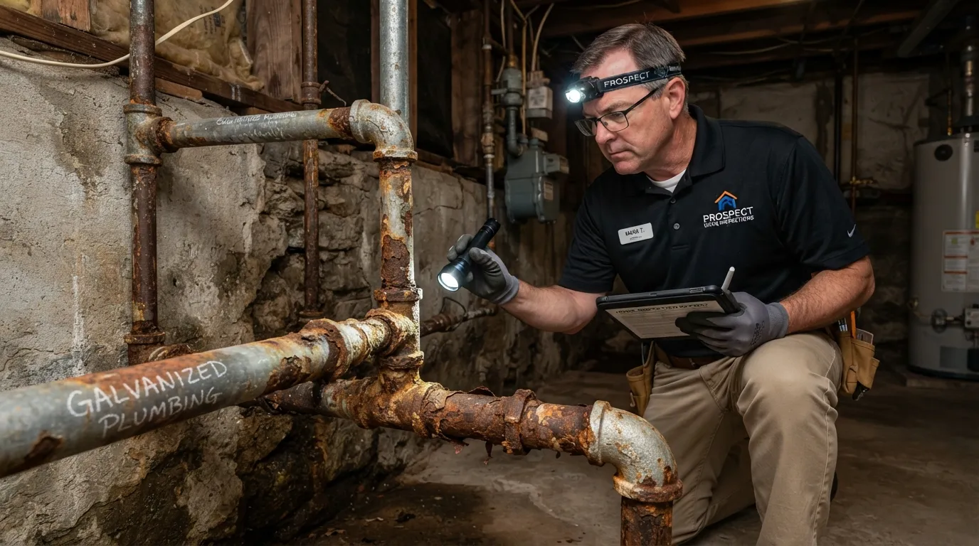 A home inspector evaluating old galvanized steel pipes in a basement to assess insurance and property resale value.