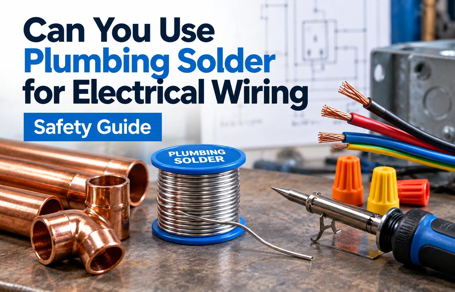 Featured image about using plumbing solder for electrical wiring showing plumbing solder spool, copper pipes, exposed electrical wires, wire connectors, and a soldering iron