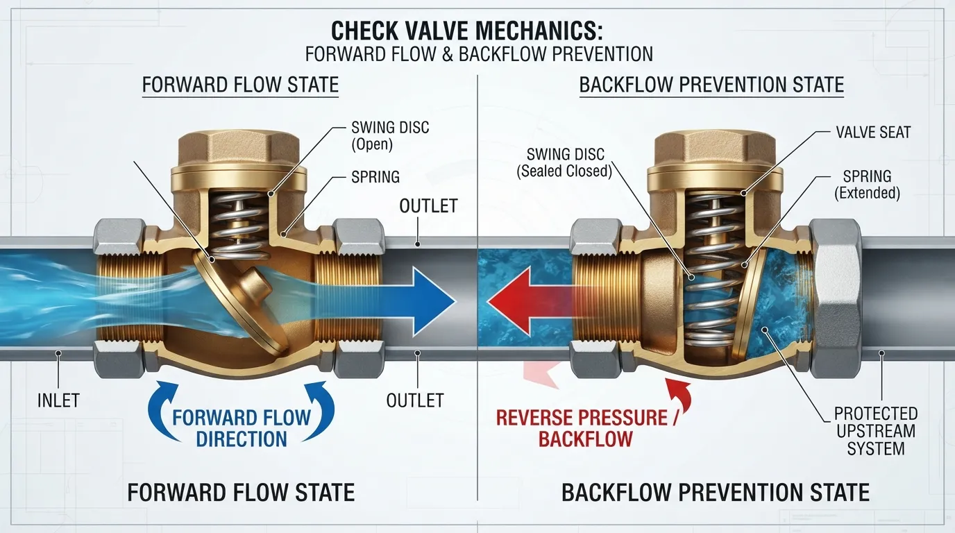 A plumbing diagram illustrating a check valve in a pipe system, showing fluid flow direction and how the internal flap prevents backflow.