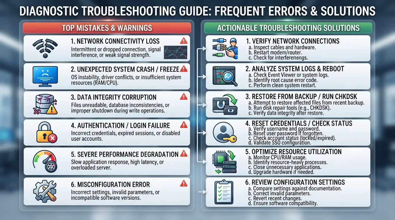 Infographic outlining common errors and step-by-step troubleshooting solutions for quick problem resolution.